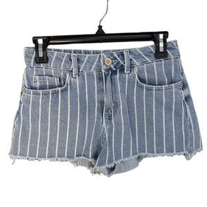Zara Basic Z1975 SZ 2 Jeans Shorts Striped Mid-Rise Zip-Fly 5-Pocket Frayed Hems